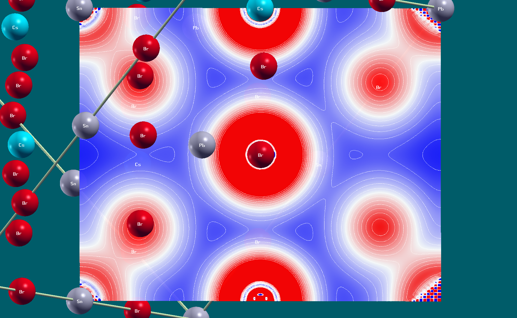 Charge density mapping of Cs₂PbSnBr₆ demonstrating the electronic redistribution within the crystal lattice and the strong halide-mediated interactions that contribute to its enhanced electronic and photovoltaic performance.
