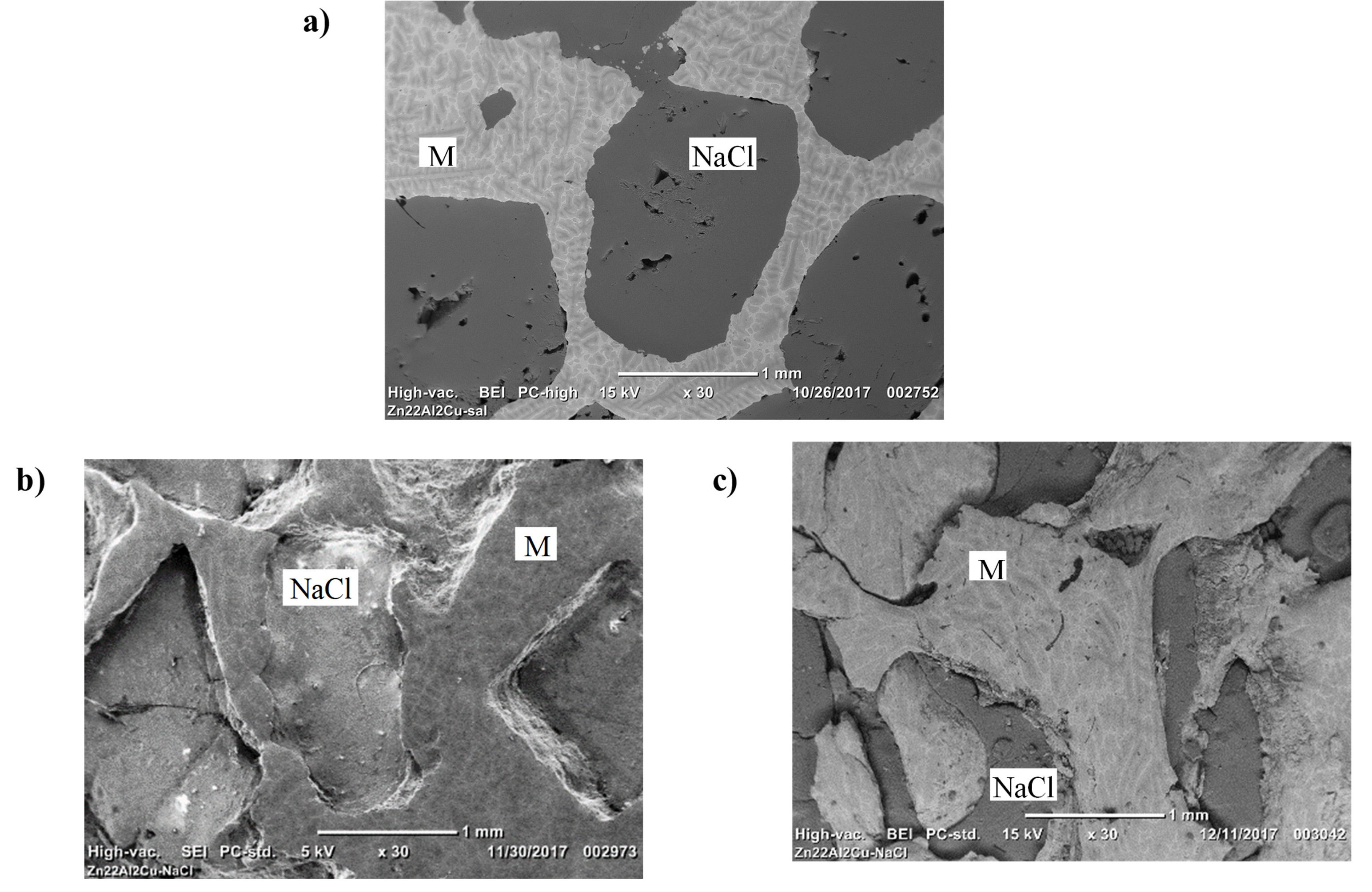 Micrographs of the initial cast-metal matrix microstructure composites a) not rolled and b) with 47.6\% and c) 82\% section reduction at 230 °C. The increase in the deformation and thinning of the matrix and salt particles is observed with increasing section reduction. M: matrix.